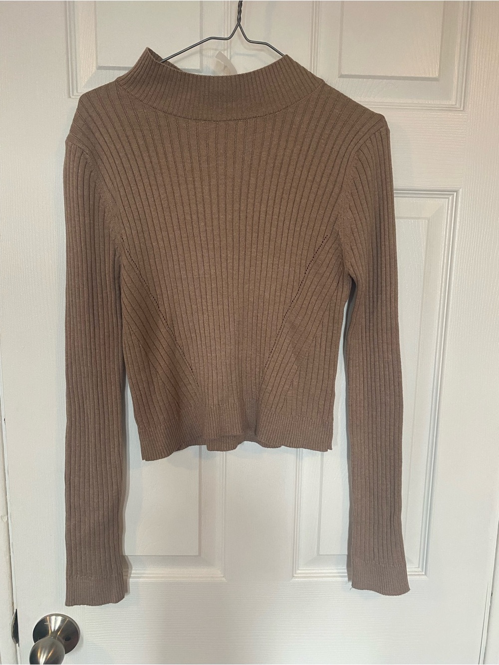 She + Sky Ribbed Mock Neck Crop Sweater Brown Size L
